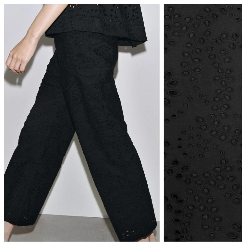 NWT. Zara ZW Collection Black Cutwork Embroider Mid-Waist Trousers. Size XL.